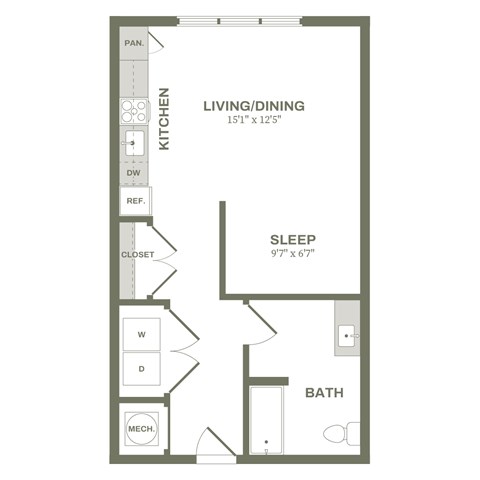A floor plan of a small apartment with a sleeping area, kitchen, and bathroom.